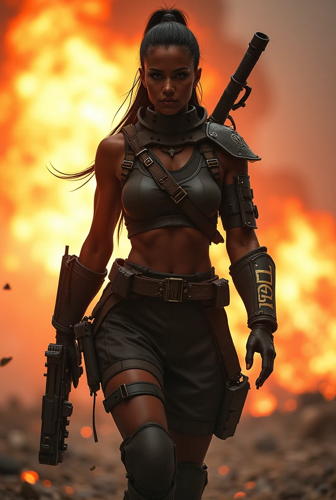 Badass Female black darkskin pubg character walking away from explosion. Put the words "Delgato" in the background on her sleeve