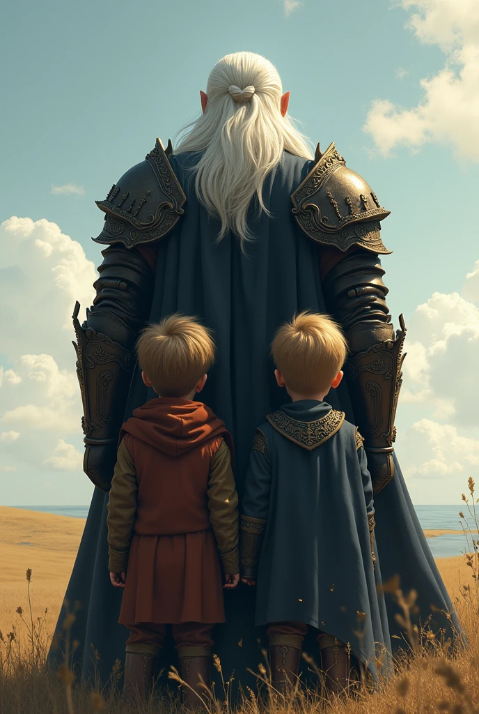 Three people with their backs turned, Father and sons,A large white-haired man with black armor, below the children, 2 twin 5-year-old children looking at the horizon.