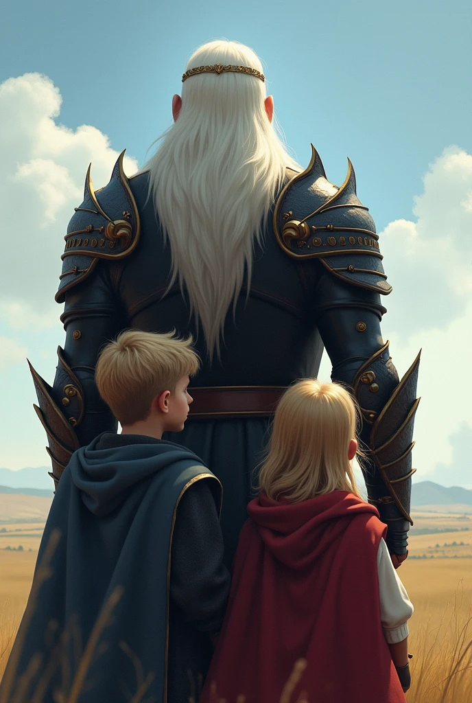 Three people with their backs turned, Father and sons,A large white-haired man with black armor, below the children, 2 twin 5-year-old children looking at the horizon.