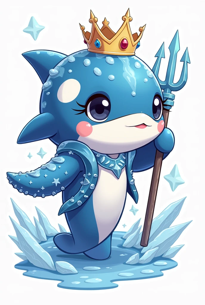 A chibi  baby orca with icy scales and frosty accents. Ice armor and holding a mini trident. 
Wearing a crown. Its the prince of the sea. Style : Ken Sugimori, 2d , anime, Full-body,  t pose, 4k , HDR, highest quality, cel shaded 