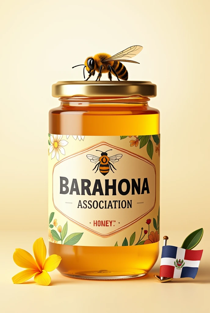 Generate a modern image of a honey label that says Barahona Association, put honey and there will be a bee ,that has a small Dominican flag and a bayahive flower facing the label