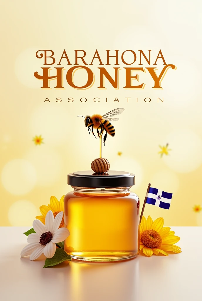 Generate a modern image of a honey label that says Barahona Association, put honey and there will be a bee ,that has a small Dominican flag and a bayahive flower facing the label