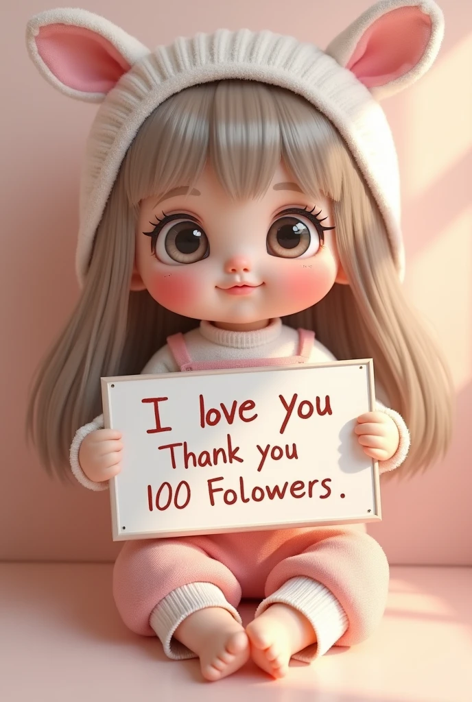 A cute female doll holding a sign saying I love you and Thank you 100 Followers