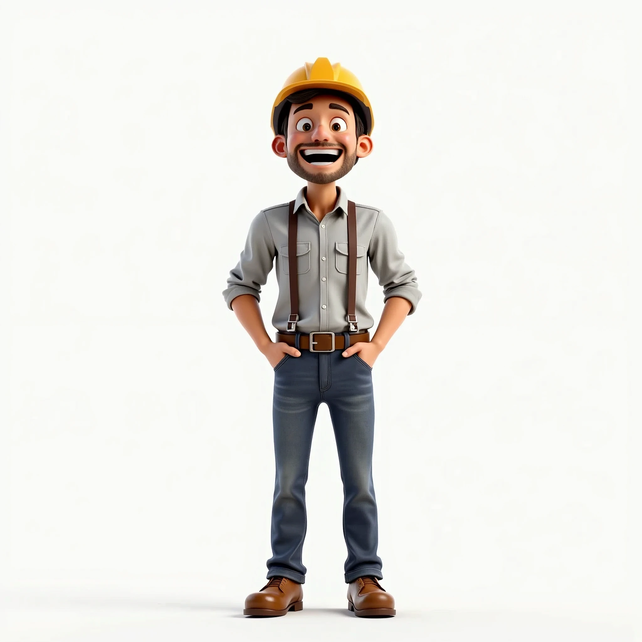 Create an image of an excited engineer. The engineer should have their hands in their pockets (ensuring that the hands are not visible) and should not be carrying anything except for a helmet. The background should be completely white, with no other details. The engineer should be smiling and looking forward with anticipation. EasyNegative, (worst quality, low quality:1.4), (((deformed))), distortions in the hands, face, and other parts, more than 1 character, hands visible