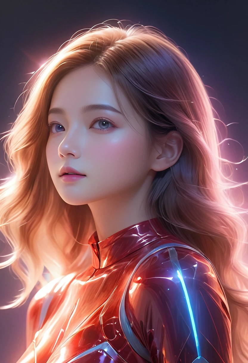 Fluorescent Color, 1 girl, Look to the side, Pretty Face, beautiful eyes, (Shoulder: 1.2), Upper Body, Shiny hair, Glowing skin, Reduce glare emissions, The fingers are in good proportion, dark, Throw, Dynamic Angle, (((Main Part))), (((Better quality))), ((Ultra Detailed)), (illustration), (Detail Light), ((Extremely exquisite and beautiful)), dramatic_shadow, Rays_track, reflection, Ultra-high resolution, laser, Red Cliff