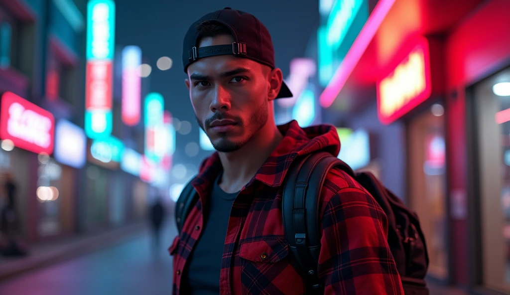 Hyper realistic, a 28 year old Indonesia man walking on the neon cyberpunk street, ideal body, look straight ahead, wearing dark red flannel shirt and dark ripped jeans pants and black hiking hi-shoes with black backward trucker hat, wear dark leather backpack, wear headphone, masculine photoshoot pose, arrogant man expression, romantic, Bandung night town as background. Use soft photography lighting. top lighting. top lighting, slide lighting, high quality photos, UHD, 64k. shot with Canon EOS 5D Mark IV, cinematic portrait, Realistic face, not changing face, no mustache, Real photo, unchanging face, background change. Real Picture 8k ultra, man, gamer, hyper detailed, sharp focus, studio photo, intricate details, highly detailed, photo real, bright colors, digital graphics, unreal engine, blender art, perfect composition, octane rendering, masterpiece, sharp focus, high detail, art station, concept art, perfect composition, a model of ultra-high quality and clarity, perfect play of light and shadow, 32k UHD, hyper-detailing, complex artistic masterpiece, ((best quality)), ((masterpiece)), (detailed), perfect face