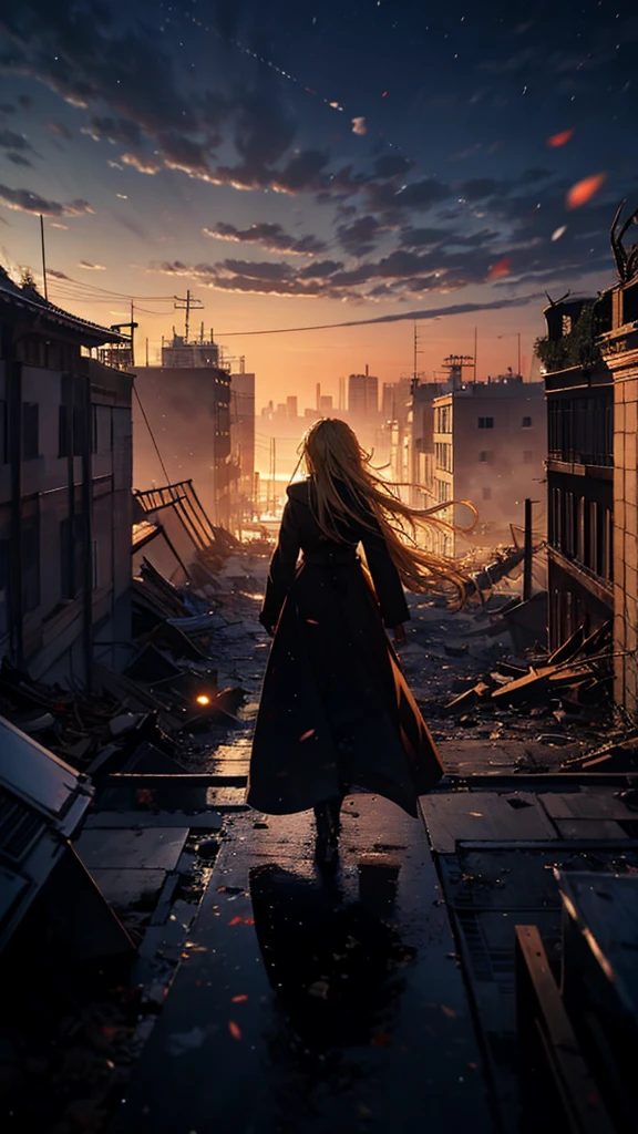 1people々々々々々々,Blonde long-haired woman,Long coat, Dress Silhouette, Rear View, Anime Style, I saw the city covered in rubble from the rooftop.,Countless missiles covering the sky,