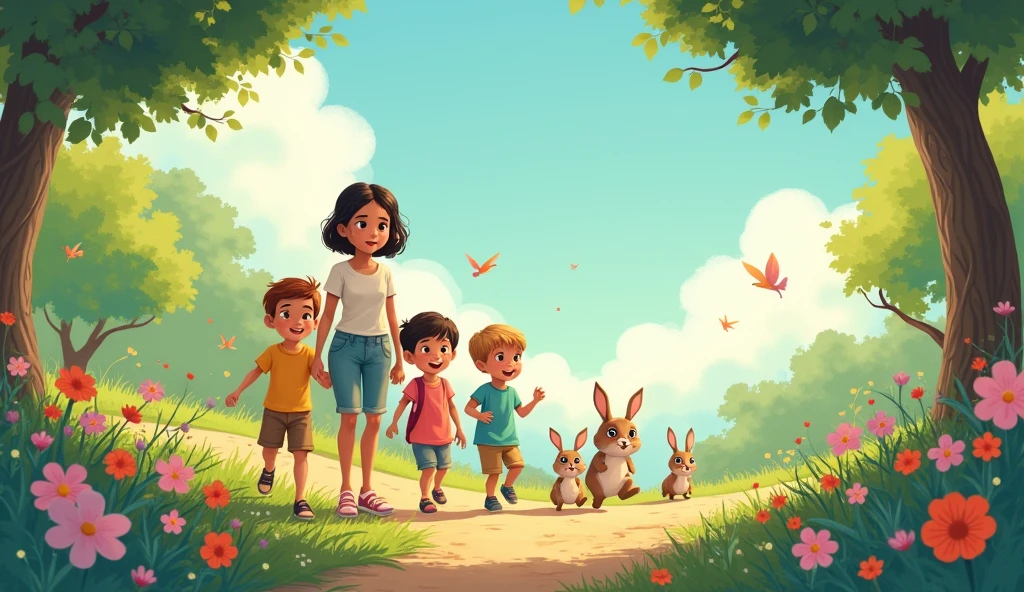 The group kids and teacher starts walking along a path lined with flowers and singing birds. As they take each step, they count together:

Four rabbits hop across the path.