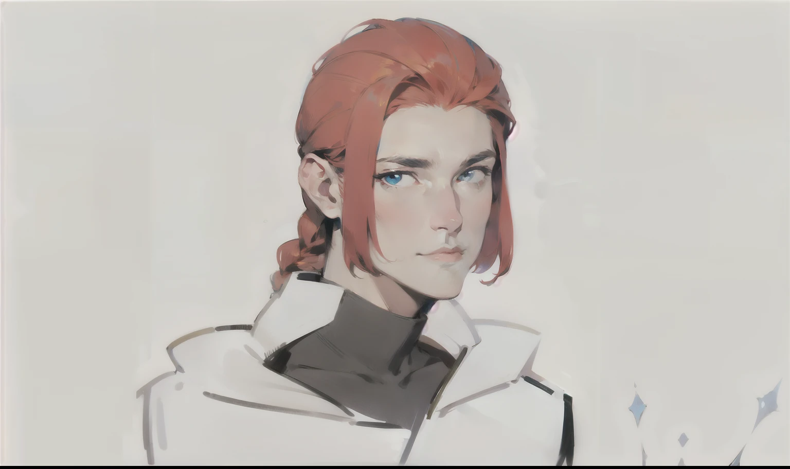 man, Red hair, braided into a tail, Blue eyes, White priestly robe, Shoulder-length portrait