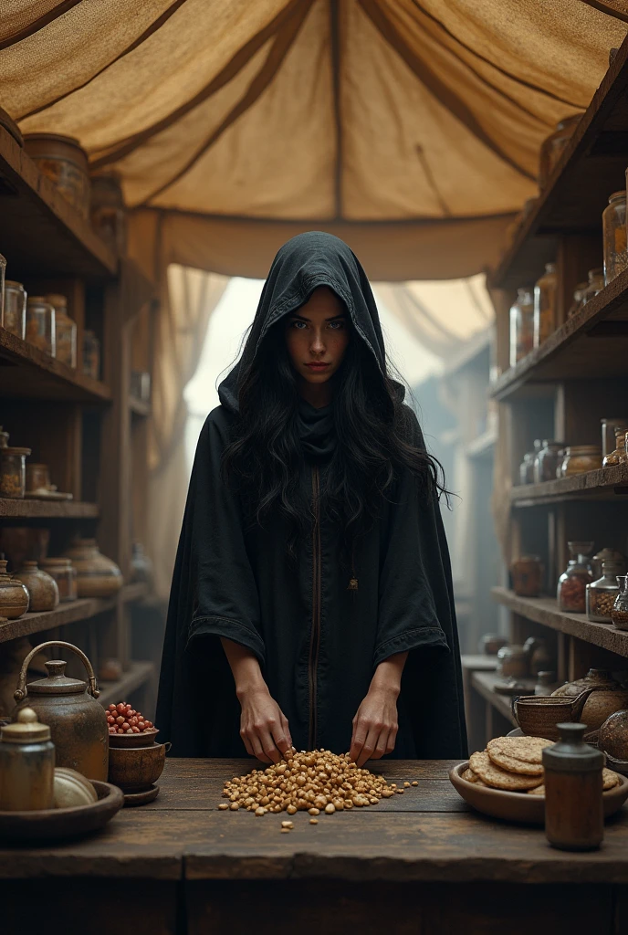 Dark-haired, hooded female merchant suspect, inside a medieval tent selling portions