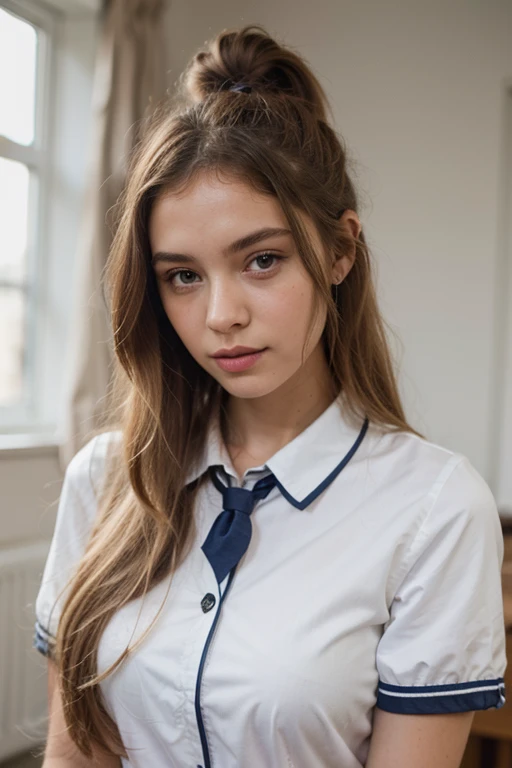 young woman, blue school uniform and fitted white blouse, long blond hair up'in the middle of the back light blue eyes, nice smile, with its rear room, A soft light illuminates the room, She's looking at the camera.