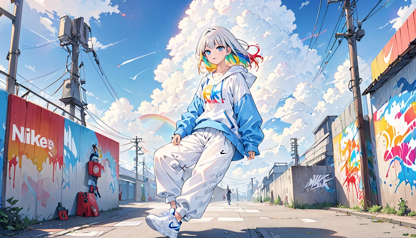 HD 8k handsome sexy cute er16:9、、One woman、Medium length hair、White Hair、Rainbow Hair、blue eyes、hoodie、色付きのhoodie、White trucker hat、Hip hop style big white tank top and big white pants、NIKE is sneakers、Human Focus、Outdoor、blue sky、White cloud、HD 8K graffiti popular spray art wall、