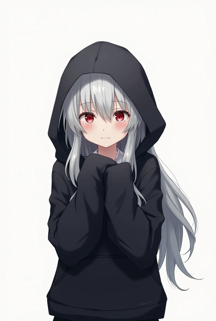A white-haired anime girl with long hair and red eyes, wearing a black hoodie with the hood up. She looks nervous and scared, and the background of the image is white.
