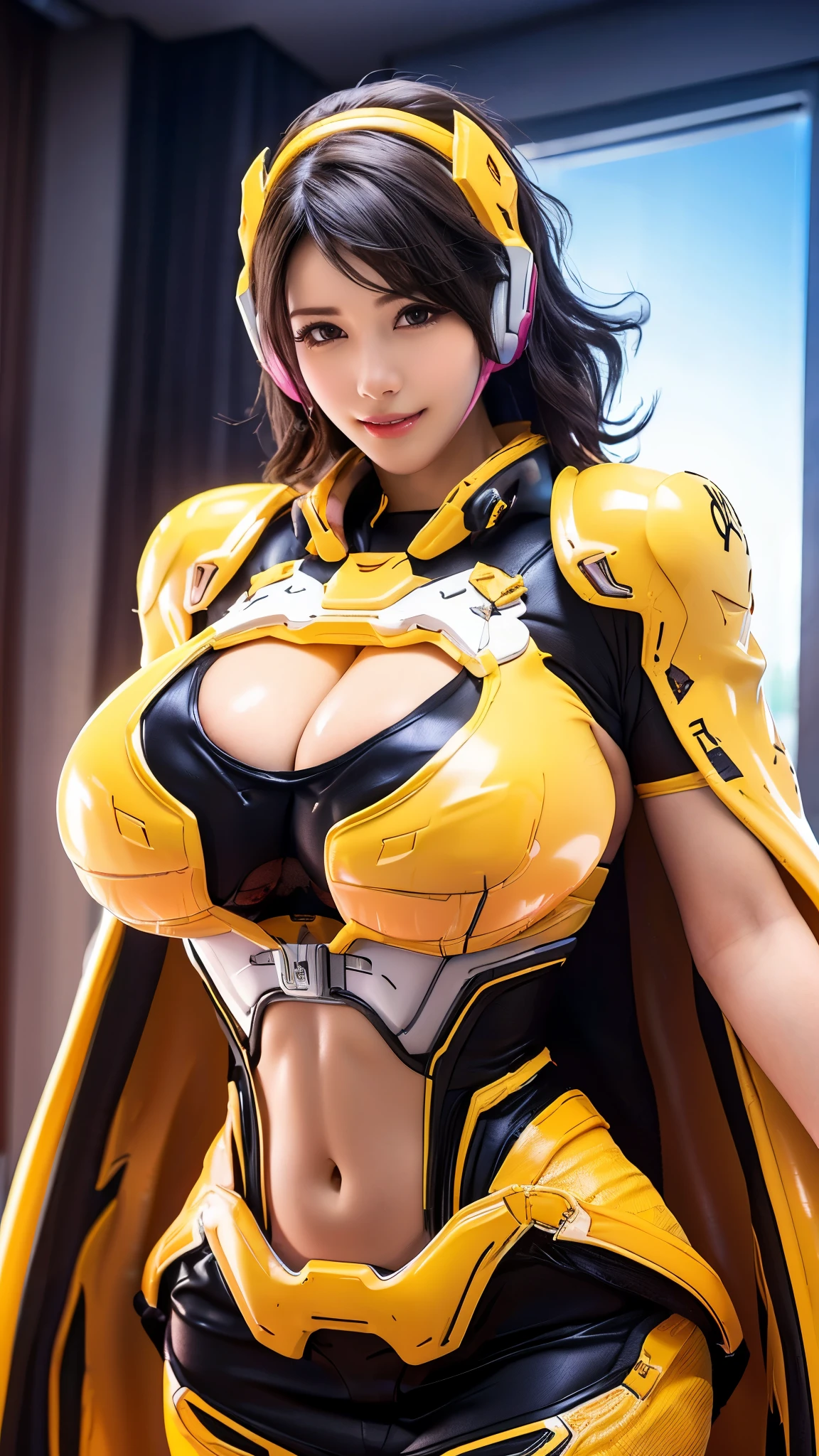 JAV nagi_hikaru, CLOSE UP UPPER BODY,solo, COWBOY SHOT PORTRAIT, ((E-SPORT HEADPHONE, WAVY BLODE HAIR:1.4)), (GIGANTIC FAKE BREASTS, SQUEEZE CLEAVAGE TOP, 11 LINE ABS:1.5), (TIGHT YELLOW FUTURISTIC MECHA SKIMPY SUIT OVERWATCH, MINI SKIRT, ROYAL LONG CAPE:1.5), (MUSCULAR BODY SHAPE:1.5), (CLEAN GLOSSY BODYSKIN:1.5), (LOOKING AT VIEWER:1.6), (BACKGROUND FUTURISTIC SPACE STATION:1), (Photorealsitic:1.5), (Ultra-detail), (TOP-QUALITY), (BEST SHADOWS), BRIGHT LIGHT IN ROOM, HYPER TEXTURE, (4X MSAA), ((UNREAL ENGINE 5 RENDER)), (NEON), PHYSICALLY-BASED RENDERING, ULTRA HIGHT DEFINITION, 16K, 1080P.