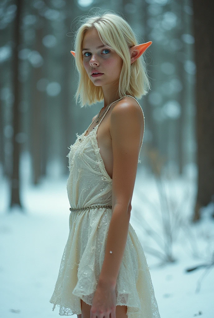analog film photo, photo of a teenage elven girl, elf ears, azure eyes, shaggy blonde bob cut, sun-tanned complexion, tall stature, athletic, voluptuous hourglass figure, full hips, plump round buttocks, wearing a crystalline mini-dress, strolling through a snowy boreal forest, RAW Photograph, dslr, soft lighting, high quality, film grain, Fujifilm XT3, detailed skin with visible pores, insane details, masterpiece, 8k, 35mm photograph, dslr, kodachrome, faded film, desaturated, grainy, vintage, Lomography, stained, highly detailed, found footage, close-up shot, elven ears