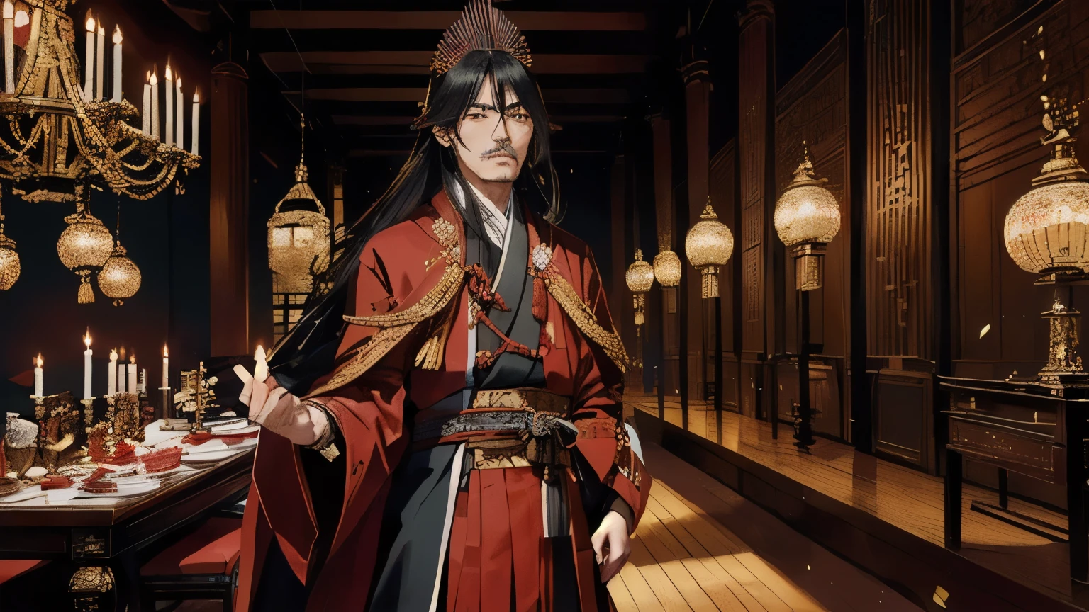 Oda Nobunaga dressed in luxurious Western-inspired clothing from the Nanban trade, surrounded by European missionaries and samurai. The setting is a grand hall with intricate Japanese and Western decor, symbolizing the cultural exchange he promoted.
