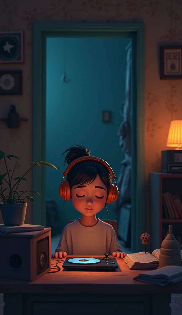 night、Listen to music in a cozy room, Using headphones, (2D-style animation:1.3), Lo-Fi, hard disk, Dark Environment, Highest quality, Warm lighting