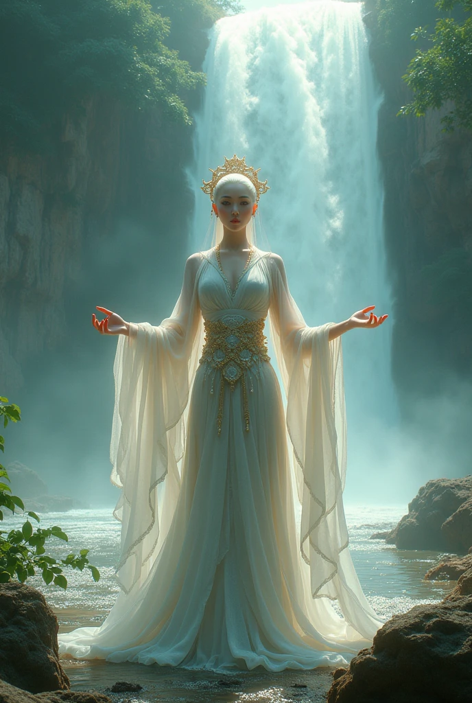 araffes in a bikini posing in front of a waterfall, japanese goddess, asian nymph bald goddess, chinese empress, gorgeous chinese model, a beautiful fantasy empress, yoko matsugane as mai shiranui, gorgeous female jade tailor, giant stunning goddess shot, oriental fantasy, next to a waterfall, beautiful goddess, inspired by Li Tang