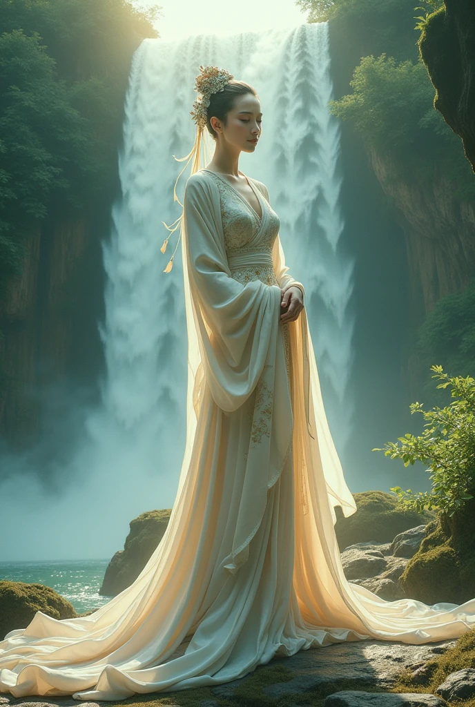 araffes in a bikini posing in front of a waterfall, japanese goddess, asian nymph bald goddess, chinese empress, gorgeous chinese model, a beautiful fantasy empress, yoko matsugane as mai shiranui, gorgeous female jade tailor, giant stunning goddess shot, oriental fantasy, next to a waterfall, beautiful goddess, inspired by Li Tang