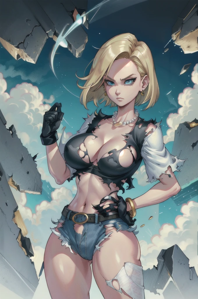 best quality, high definition, and18, 1girl, Android 18, solo, blonde hair, blue eyes, belt, jeans, pearl_necklace, bracelet, black gloves, cleavage, white shirt, short hair, short sleeves, earrings, blue pants, open vest, black vest, huge breasts, wide hips, ass, legs apart, city, (torn clothes: 1.5), erotica, standing, expressionless,