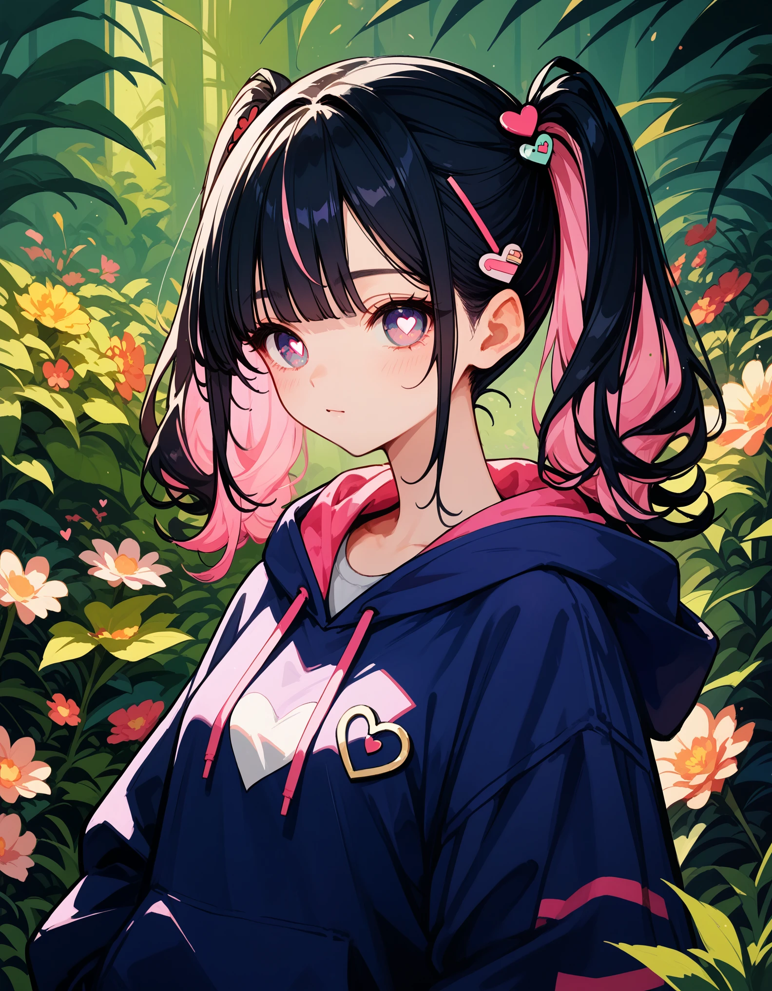 score_9_up,score_8_up,score_7_up,score_6_up, hadrian, rating safe, 1 girl, multicolored hair, black hair, pink hair, bangs, twintails, heart-shaped pupils, hoodie, heart hairpin,