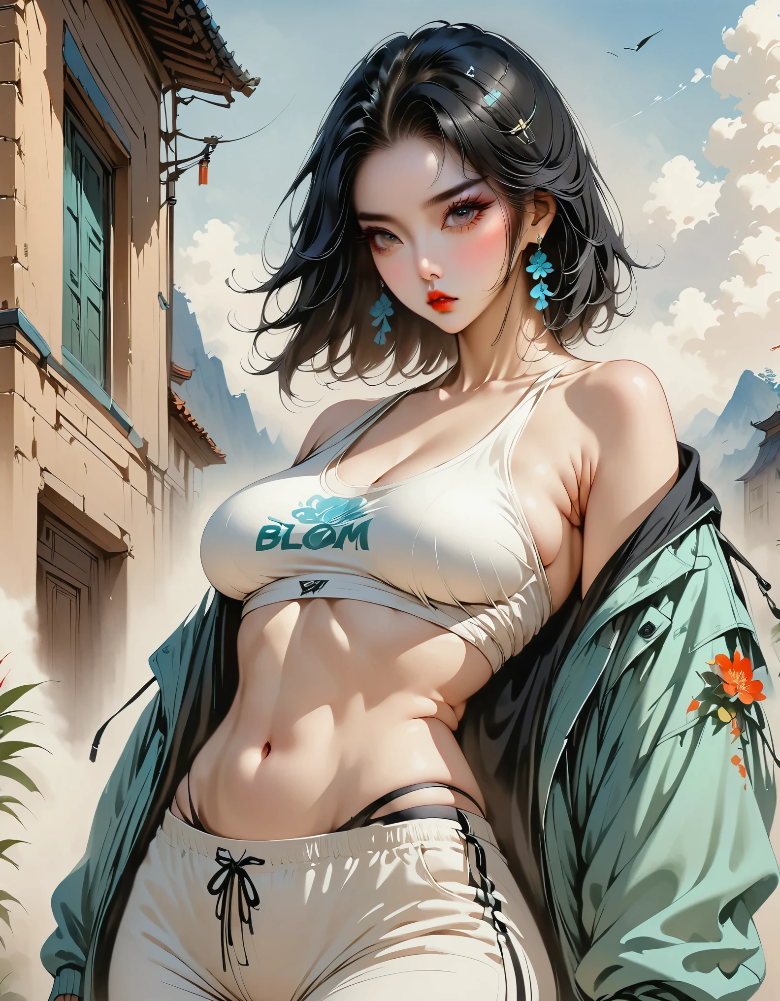 model, digital illustration, (Masterpiece:1.2), High quality, Detailed eyes, Very beautiful girl., short hair, Street wear, thick, (abdomen:1.2), (Bloom:1.2)