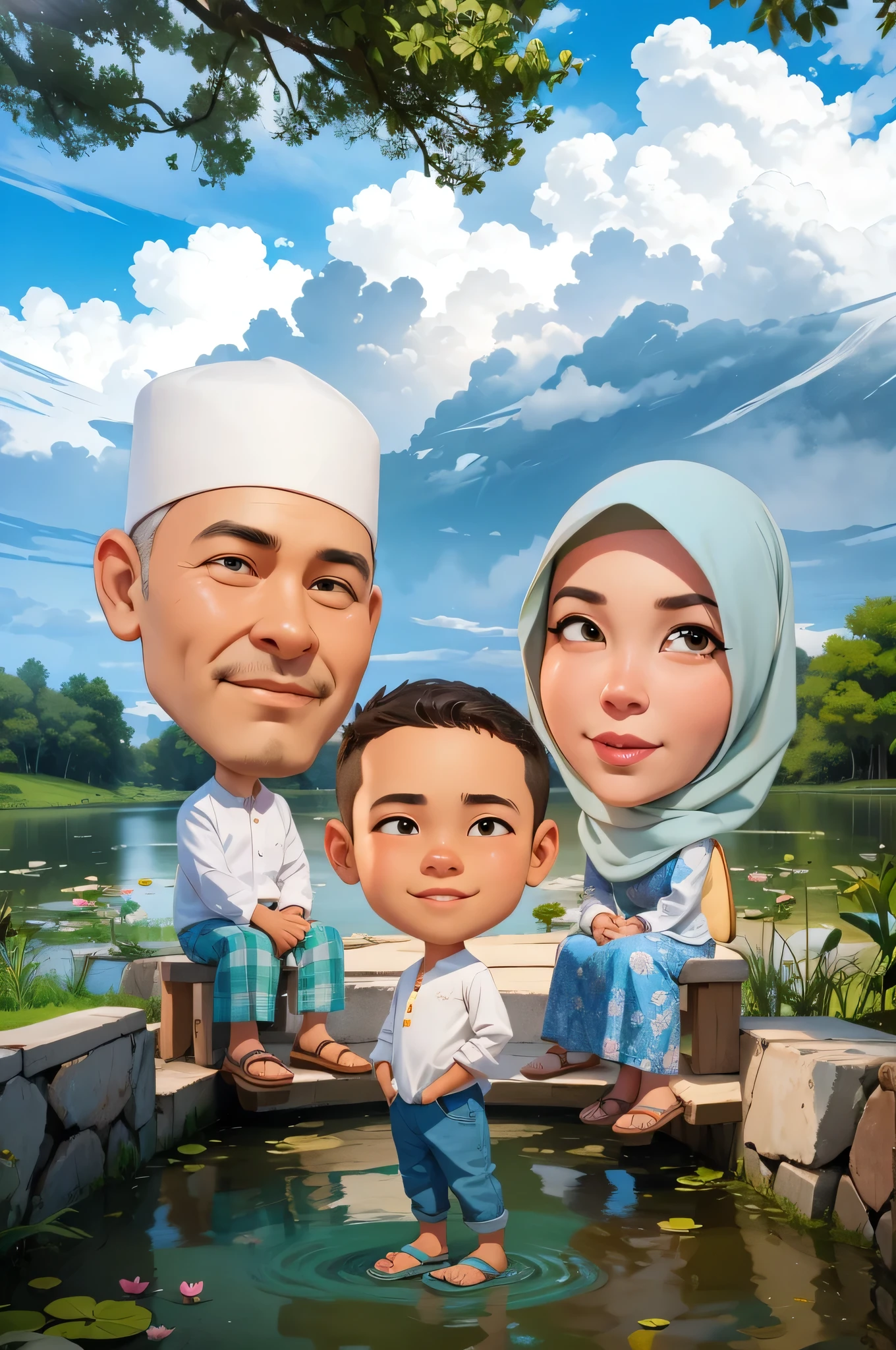 3D Cartoon, big head, Family, father and mother sitting, Mother wears hijab, and son standing, background of lake with lotus flowers in the water, beautiful clouds and sky, , Smile, beautiful hair, 3D render, 3D Cartoon, big head, cartoonish look, high resolution, super detail, soft lighting