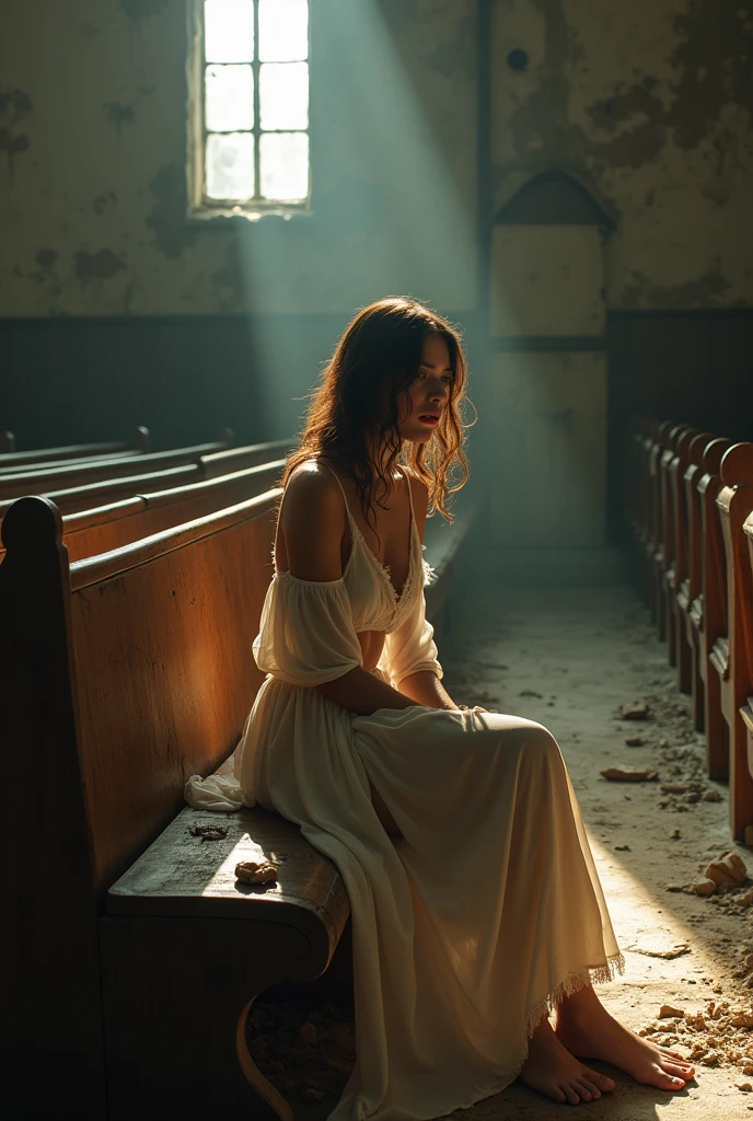 8k (realisitic) ((real photografic)) A young woman wearing a long skirt and a ripped dress shirt , semi-naked and sitting on the church bench with her legs crossed, in an old, abandoned church