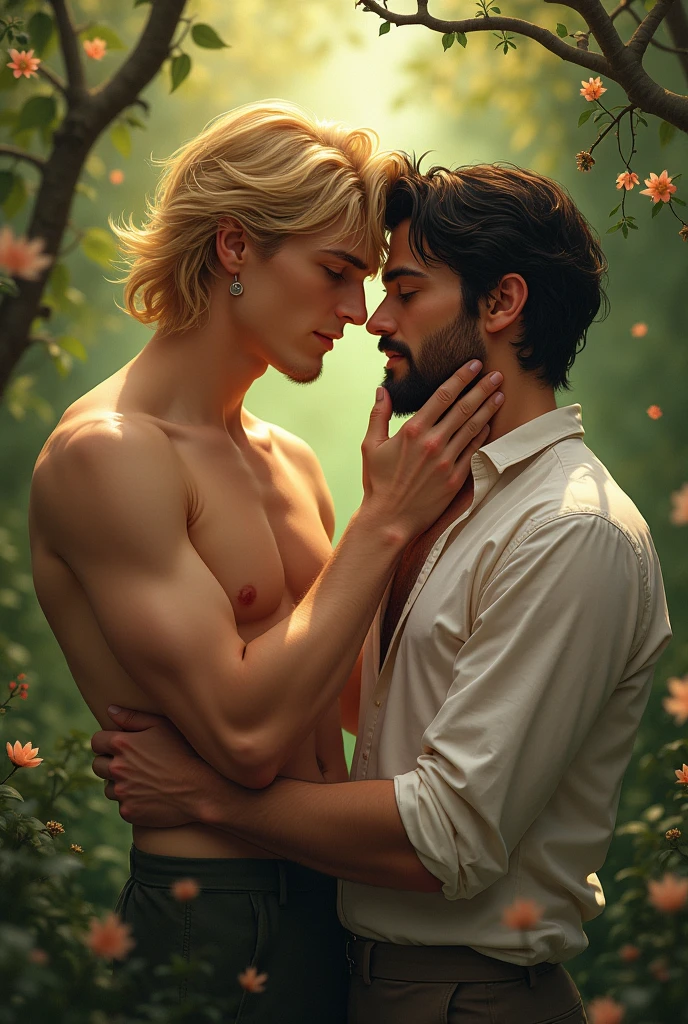 (anime) Two men love each other, one with blond hair and one with black hair., these two are taking a portrait together.
