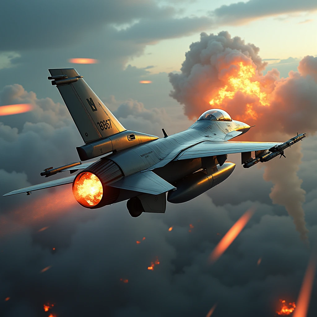 high resolution, best quality, backlit, Side corners, Masterpiece, precise, damaged, โมเดลhigh resolution, Highly detailed, high resolutionสุด, The F-16 fighter jet was hit, causing an explosion in its right wing., There are bombs around the plane,film lighting, film lighting,