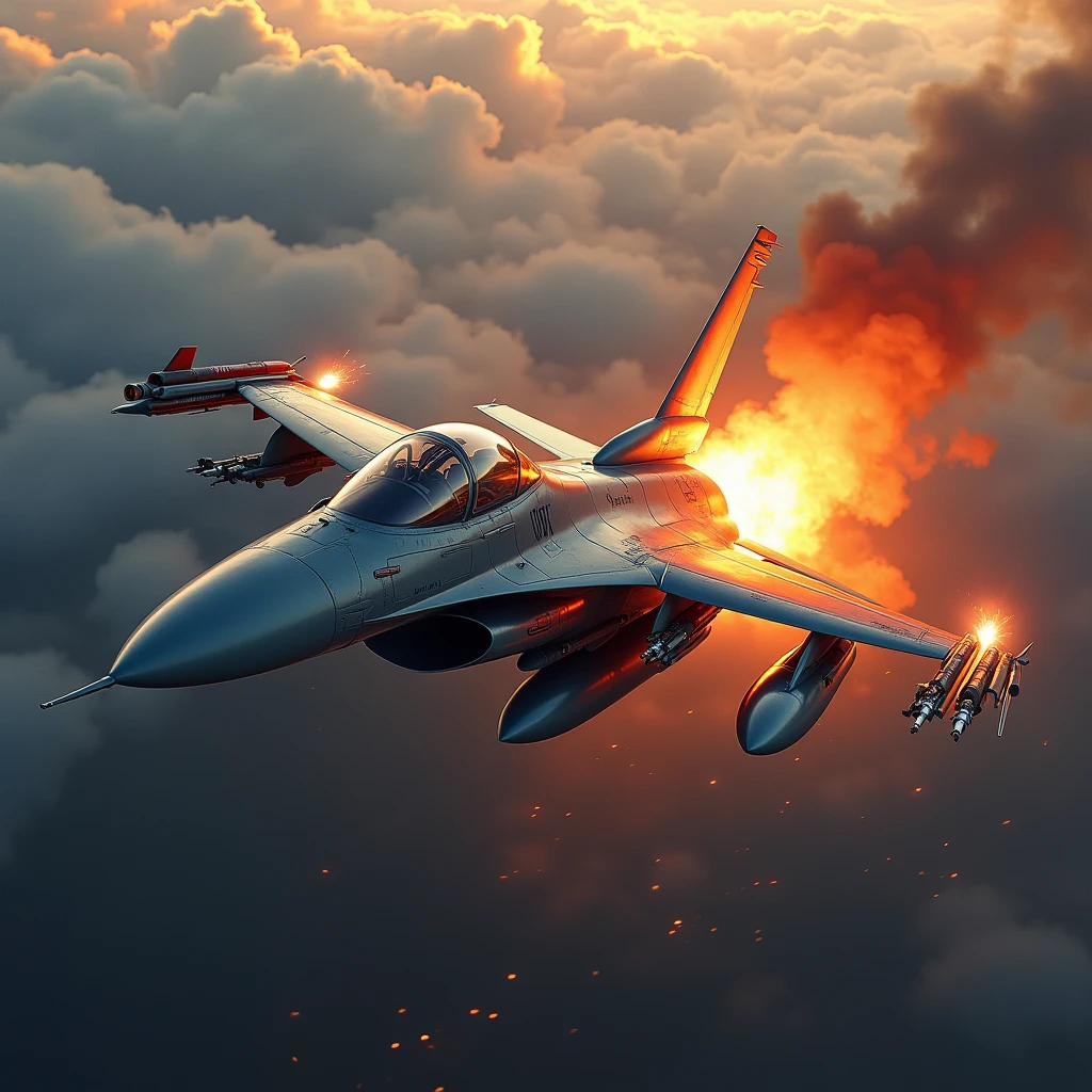 high resolution, best quality, backlit, Side corners, Masterpiece, precise, damaged, โมเดลhigh resolution, Highly detailed, high resolutionสุด, The F-16 fighter jet was hit, causing an explosion in its right wing., There are bombs around the plane,film lighting, film lighting,