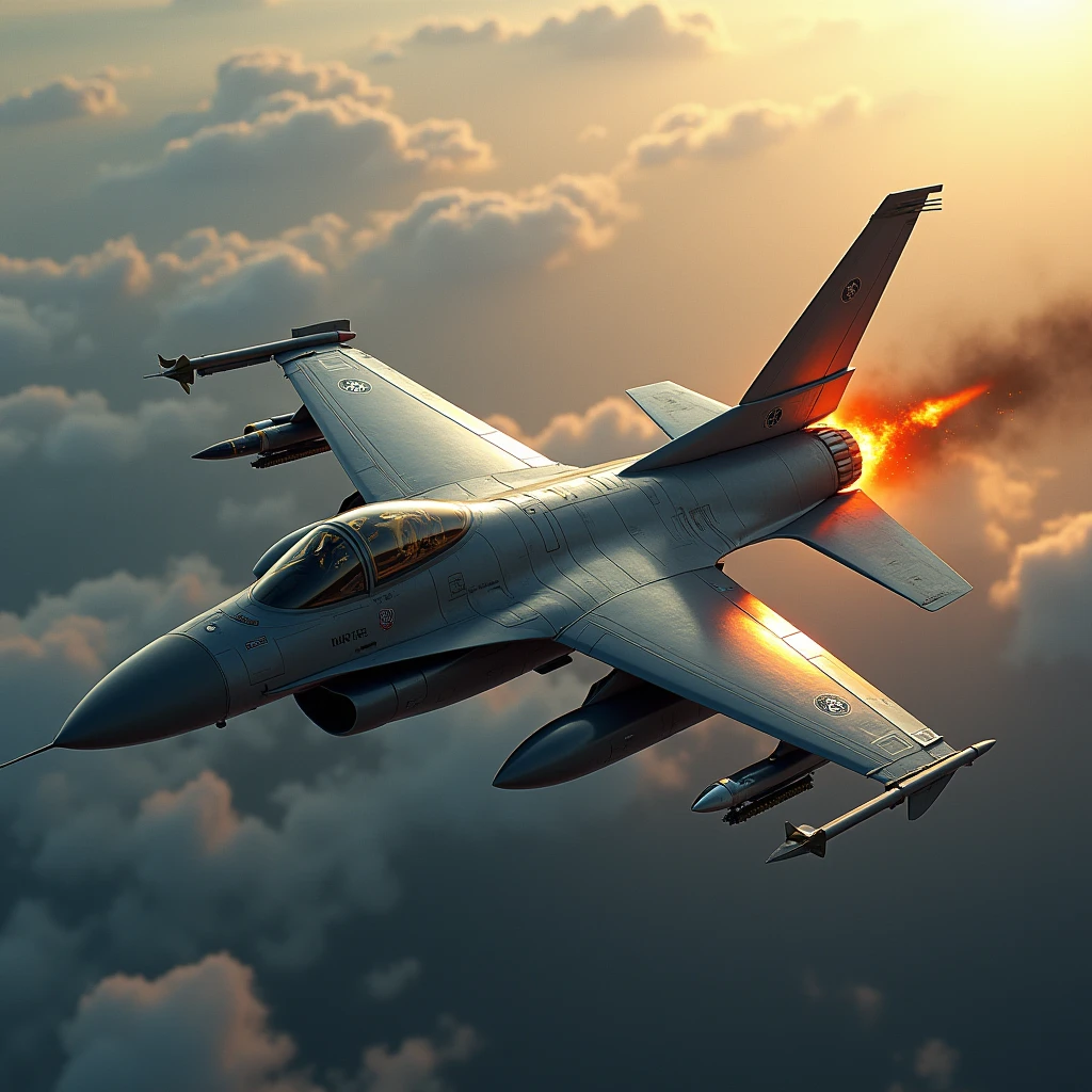 high resolution, best quality, backlit, Side corners, Masterpiece, precise, damaged, โมเดลhigh resolution, Highly detailed, high resolutionสุด, The F-16 fighter jet was hit, causing an explosion in its right wing., There are bombs around the plane,film lighting, film lighting,