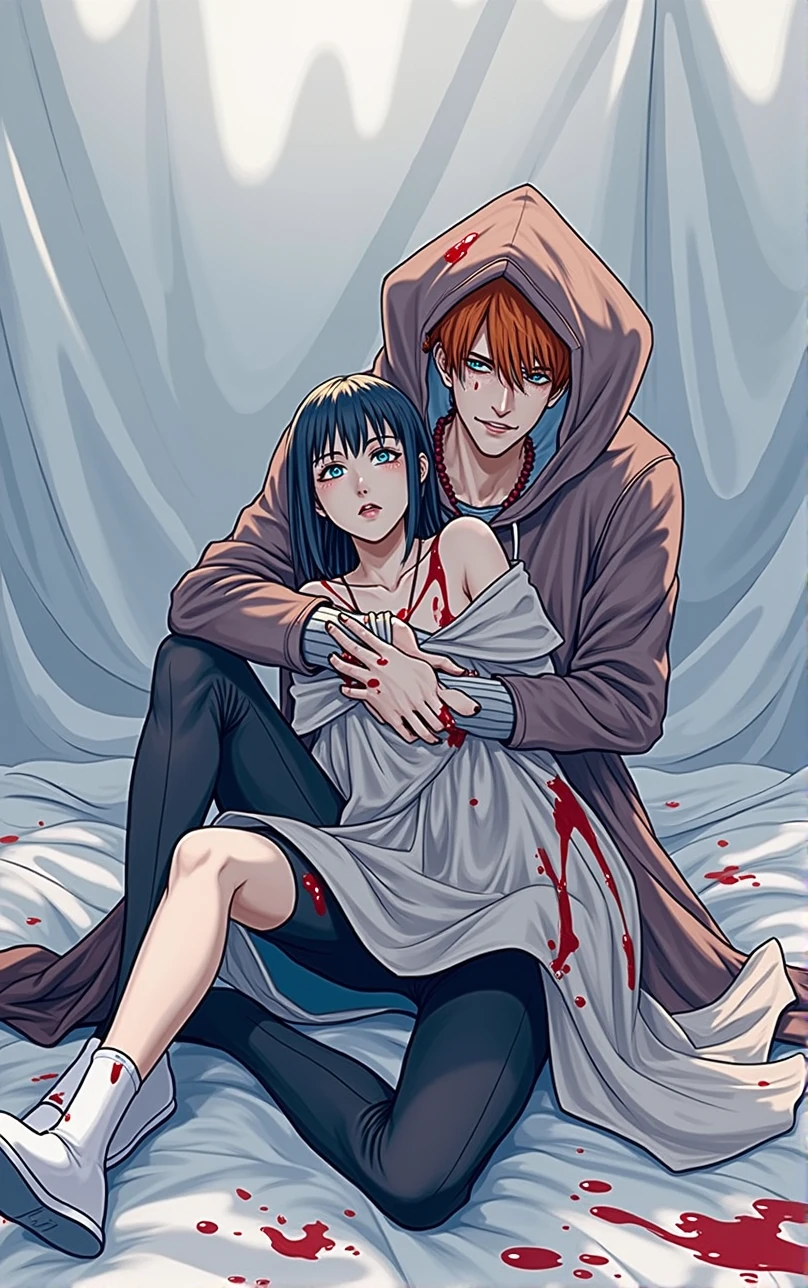 2 people, handsome guy with orange hair, blue eyes, crying, holds a woman with very short black hair on her lap, eyes closed, Unconscious, a lot of blood, all in blood anime art, realistically, masterpiece, Beautiful, realistically, clothes covered in blood