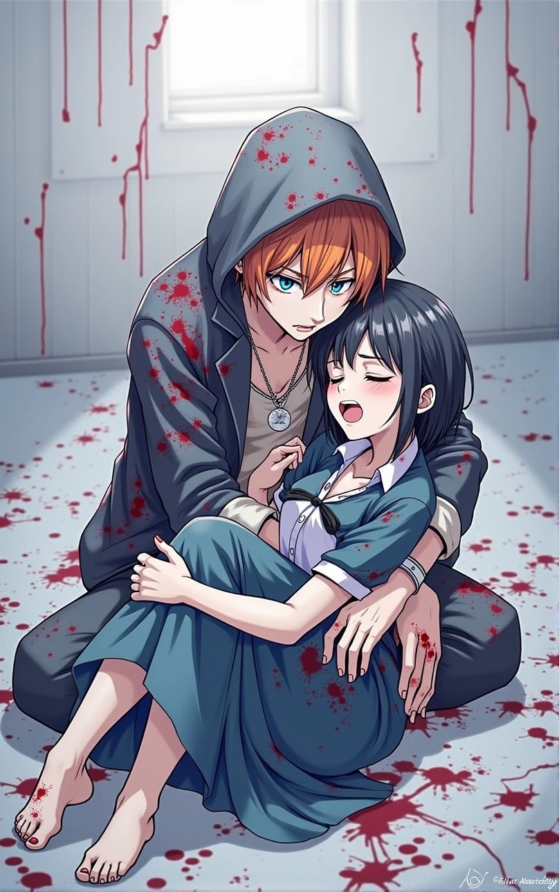  
2 people, handsome guy with orange hair, blue eyes, crying, holds a woman with very short black hair on her lap, eyes closed, Unconscious, a lot of blood, all in blood anime art, realistically, masterpiece, Beautiful, realistically, clothes covered in blood
