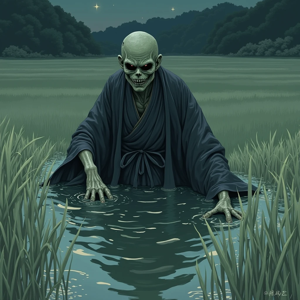 Traditional Japanese(((zombie)))Create detailed and atmospheric illustrations of. The scene should evoke ancient folklore and a sense of dread, Traditional Japanese服装と特徴とする. 背景は水田で角無しのzombieは土に下半身が埋まっています。. 繊細な水田は角無しのzombieの威嚇的な存在感と対照的である。, Creates a scene that is both unsettling and melancholic. wood々Soft starlight filtering through the gaps, and、A faint breeze adds a sense of eeriness to the atmosphere. The character should have a sad expression, With three sharp claws, Dark Eyes, Traditional Japanese仮面で超自然的で不吉な性質を強調する.