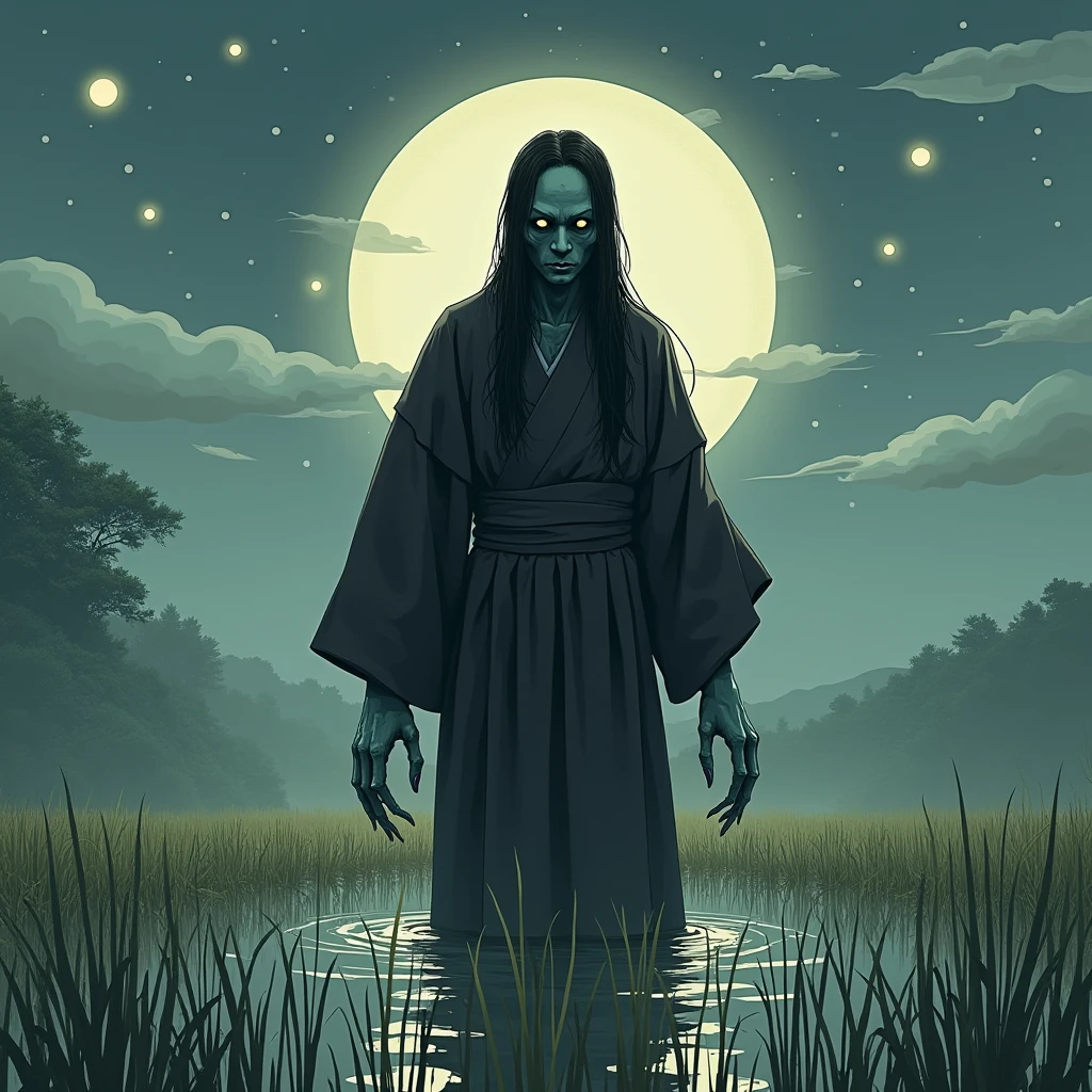 Traditional Japanese(((zombie)))Create detailed and atmospheric illustrations of. The scene should evoke ancient folklore and a sense of dread, Traditional Japanese服装と特徴とする. 背景は水田で角無しのzombieは土に下半身が埋まっています。. 繊細な水田は角無しのzombieの威嚇的な存在感と対照的である。, Creates a scene that is both unsettling and melancholic. wood々Soft starlight filtering through the gaps, and、A faint breeze adds a sense of eeriness to the atmosphere. The character should have a sad expression, With three sharp claws, Dark Eyes, Traditional Japanese仮面で超自然的で不吉な性質を強調する.