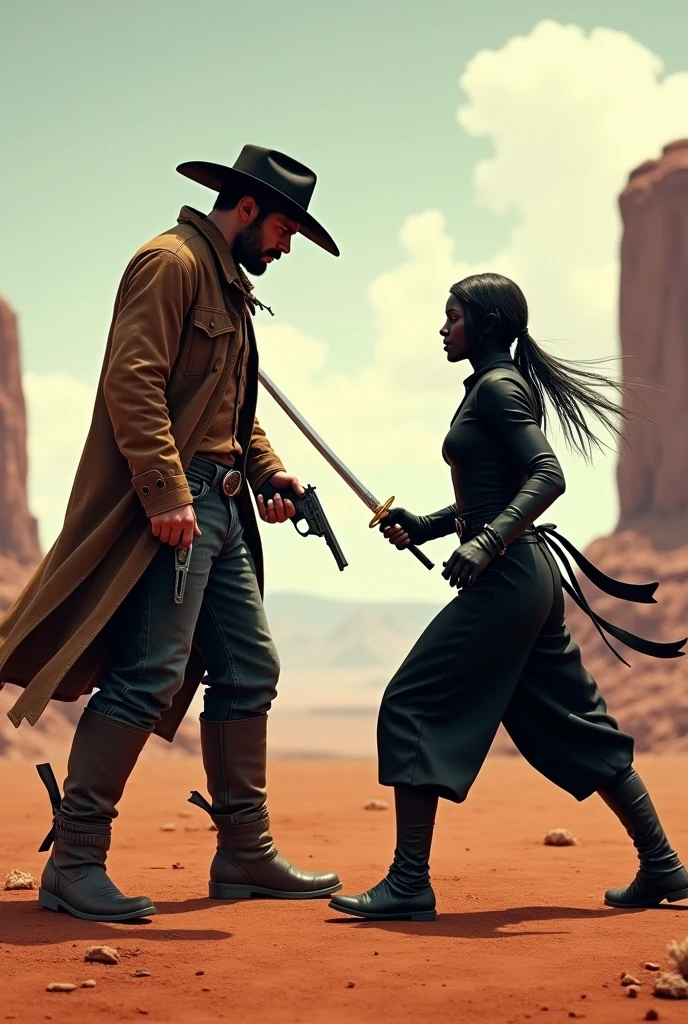 A cowboy fighting a ninja