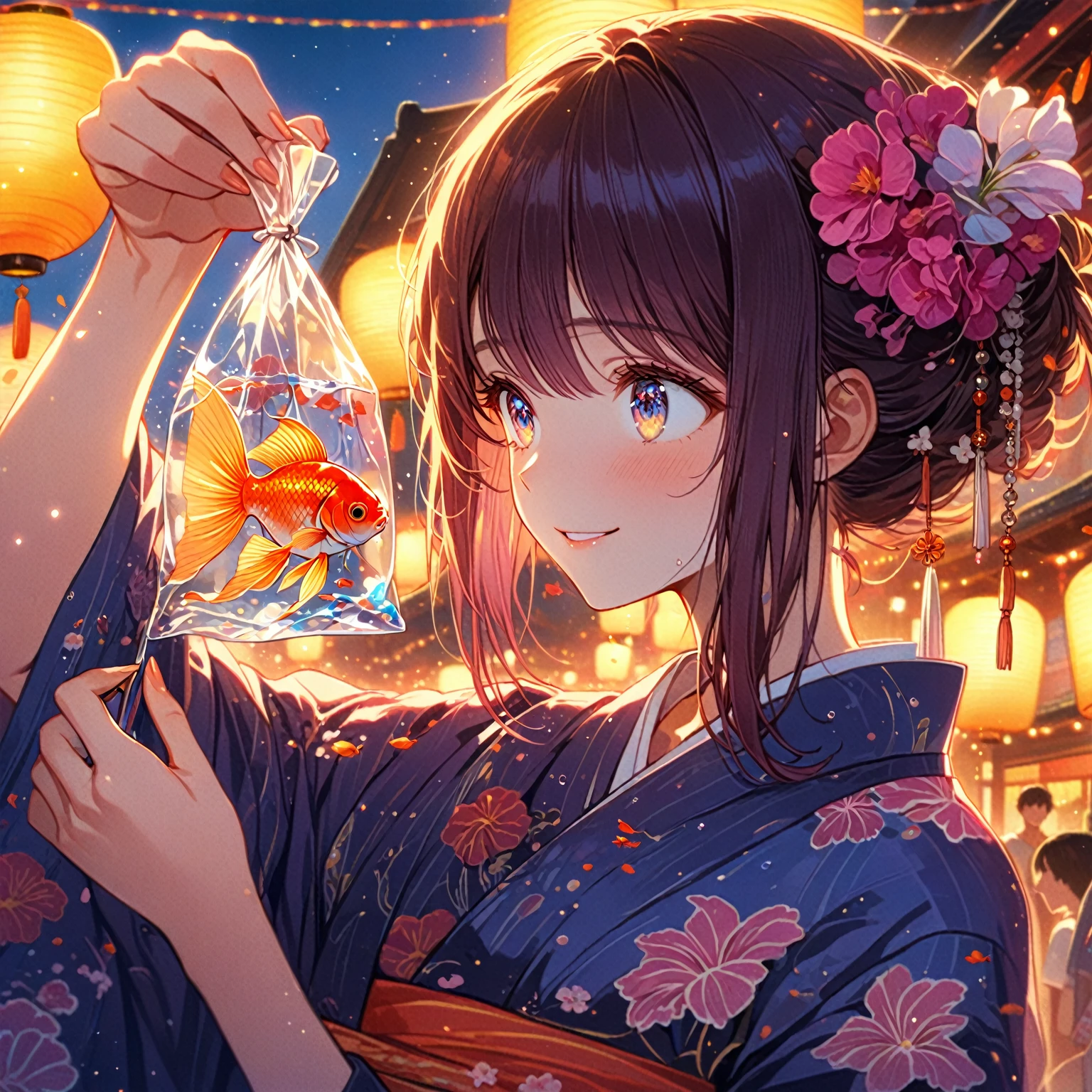 score_9_up, score_9, score_8_up, score_7_up, source_anime,masterpiece, best quality, high resolution, extremely detailed CG, absurdres, highres,On the evening of the summer festival, 1girl, solo, a girl in a yukata holds a goldfish in a small transparent plastic bag. The girl lifts the bag in front of her eyes and looks at the goldfish with a gentle smile, good_hands, Long eyelashes, detailed beautiful eyes, looking away