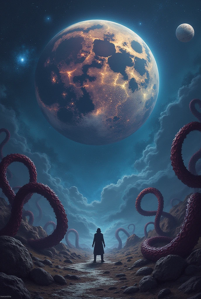 There&#39;There is a planet in the middle, Cosmic Tentacles, Lovecraftian inspiration, Lovecraftian宇宙恐惧, Lovecraftian hellscape, Cosmic Fantasy Horror, Lovecraftian氛围, Lovecraftian, a planet in space, nobody