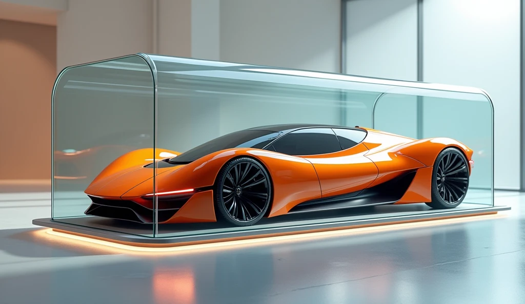 there is a glass box with a car shaped like a hot dog, futuristic product car shot, 3d high octane render, futuristic car concept, futuristic concept car, inspired by Mike Winkelmann, render of futuristic supercar, highly detail. octane render, rendered in high octane, concept automobile design, concept car, super rendered in octane render, car concept