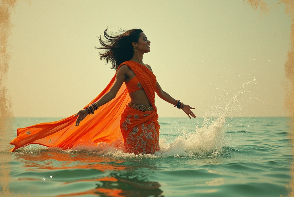 70s setting, grainy analog film, ultra-detailed, abstract art, glamour artwork, conceptual art, indian woman, jeans, playing in wide river, ecstasy, abstract, orange white green, void, vivid, detailed sari