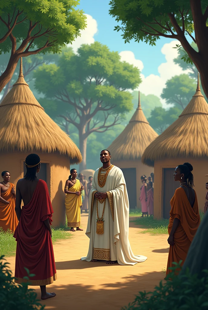 Generate an animation image of A peaceful village in the Nri Kingdom, with traditional Igbo huts made of clay and thatched roofs nestled among tall, lush trees. The Eze Nri, a regal figure in white robes and beaded jewelry, stands before a shrine adorned with sacred symbols, surrounded by villagers who look to him with reverence. The atmosphere is spiritual, with a sense of harmony and connection to the land.