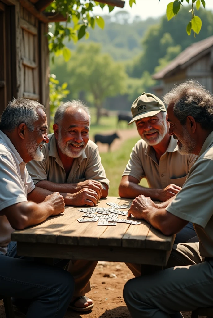 Four Dominican Dominoes Playing on a Farm