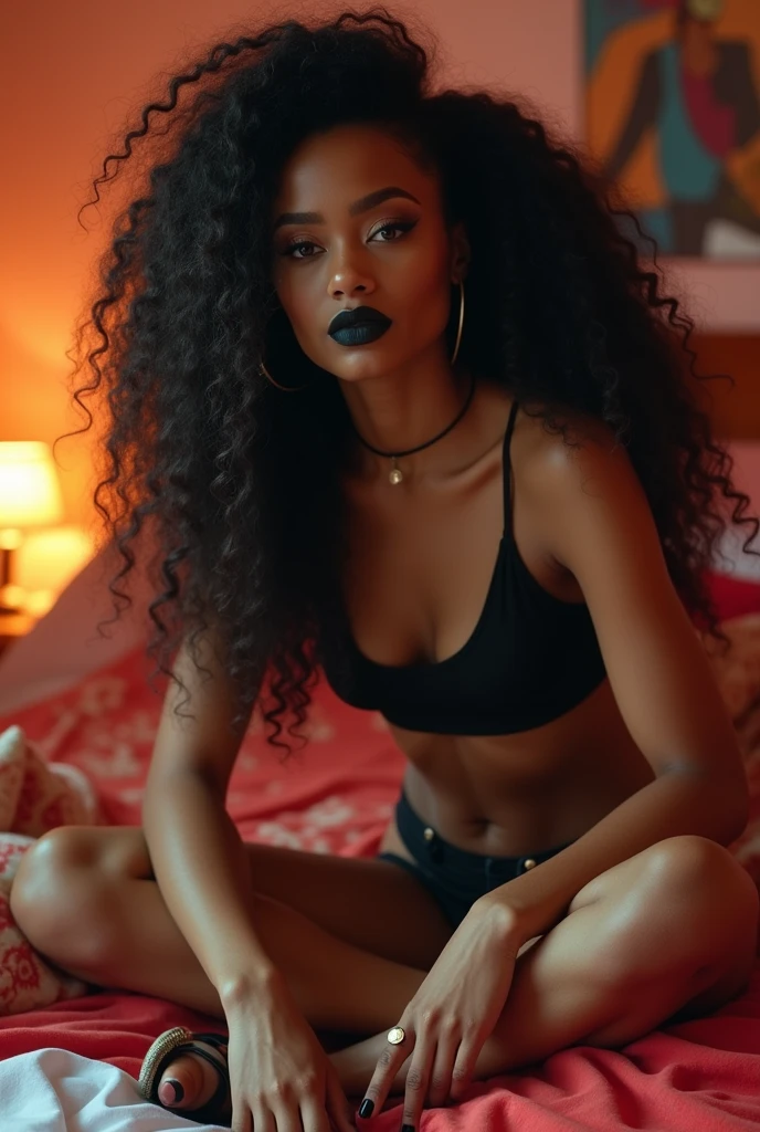 A tiny African American with a crop top, long curly hair, and open toe wedges is getting ready in her room. She has black lipstick on.