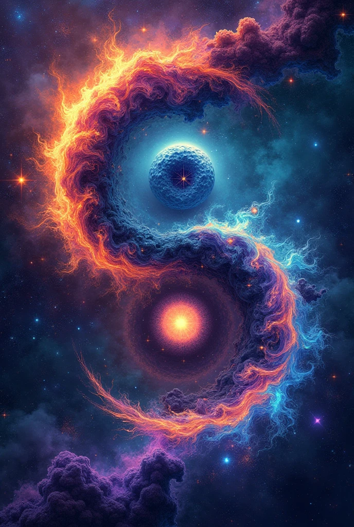 Give me the image with cosmic background the ying-yon sign in the funky style .the number 6 and 1 will be need to hidden in that image