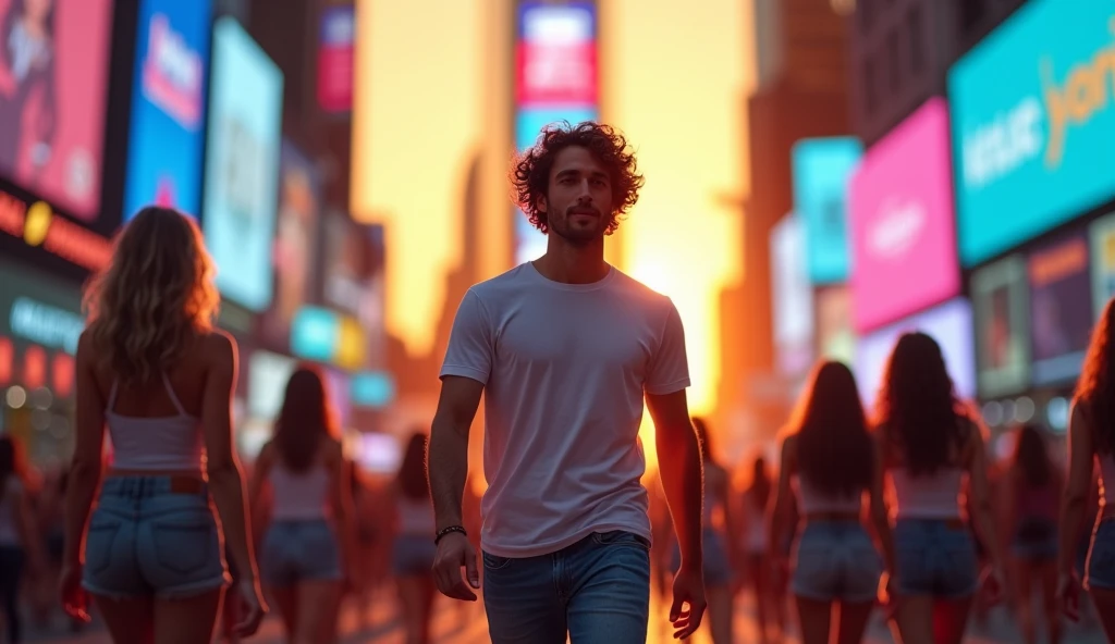 Create an image of a handsome man walking confidently on a busy street in Times Square, USA. The man has curly hair and is casually dressed in jeans and a t-shirt. The scene is set outdoors during an sunset, with soft lighting casting a warm glow over the surroundings. The man walks with a relaxed yet purposeful stride, with intricate details visible in his clothing and hair.

The background should be vibrant, focusing on a blue color palette featuring neon signs and billboards. The street is crowded with numerous young women wearing sleeveless t-shirts and shorts, casually wandering around the man. The image should highlight the bustling, energetic atmosphere of Times Square, with the man as the central focal point. The overall scene should be realistic, showcasing intricate details and vibrant colors, with a clear emphasis on the contrast between the cool blue tones of the city and the warm orange hues of the sunset. Ensure there are many girls in the scene, all wearing shorts and sleeveless t-shirts, adding to the lively, crowded setting.”