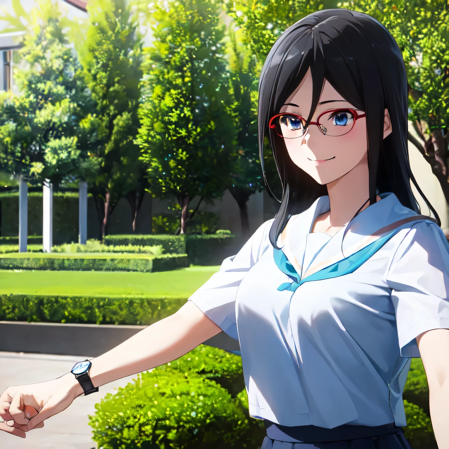 คุณภาพดีatสุด, Masterpiece, high resolution, alone, (garden:1.13), Asuka_Tanaka, black_hair, long_hair, glasses, light blue_eyes, red frame_glasses, beyond the edge_glasses, semi borderless_glasses, hair_between_eyes, 1 woman, watch_at_ผู้watch, smile, Thai , (High school student uniform)(white short sleeve shirt:1.2), (กระโปรงlongจับจีบblack:1.2),