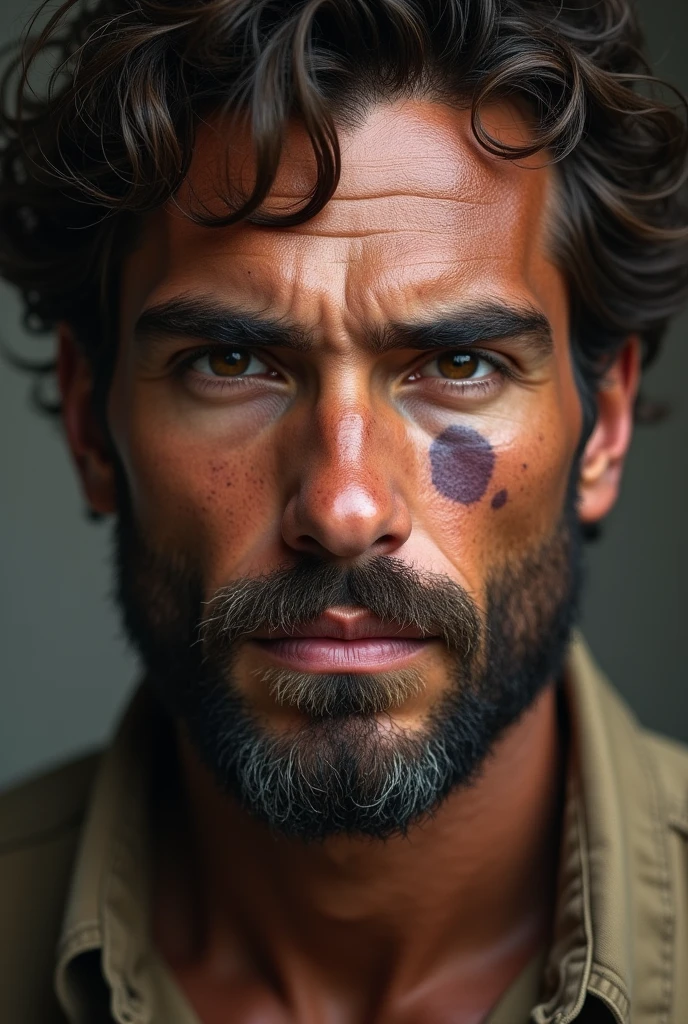 A brown man with freckled nose and cheeks, and a dark pinkish birthmark on left bottom jaw