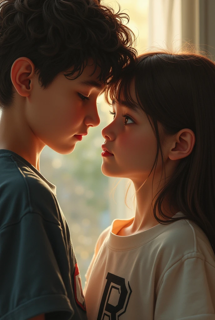 Image of a boy looking at a girl with love. The boy is wearing a shirt with the initial C and the girl the initial R horizontally, Hyper detailed, Oil painting style art 