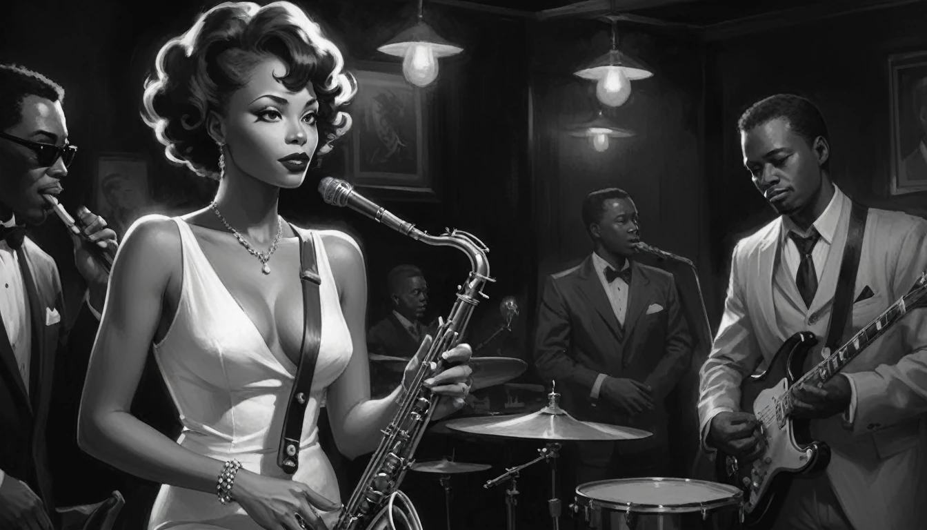 alabama bar, blue note, charismatic, baterist, guitarist, saxophonist, jazz band, bw, illustration, noir fantasy, singer lady, 